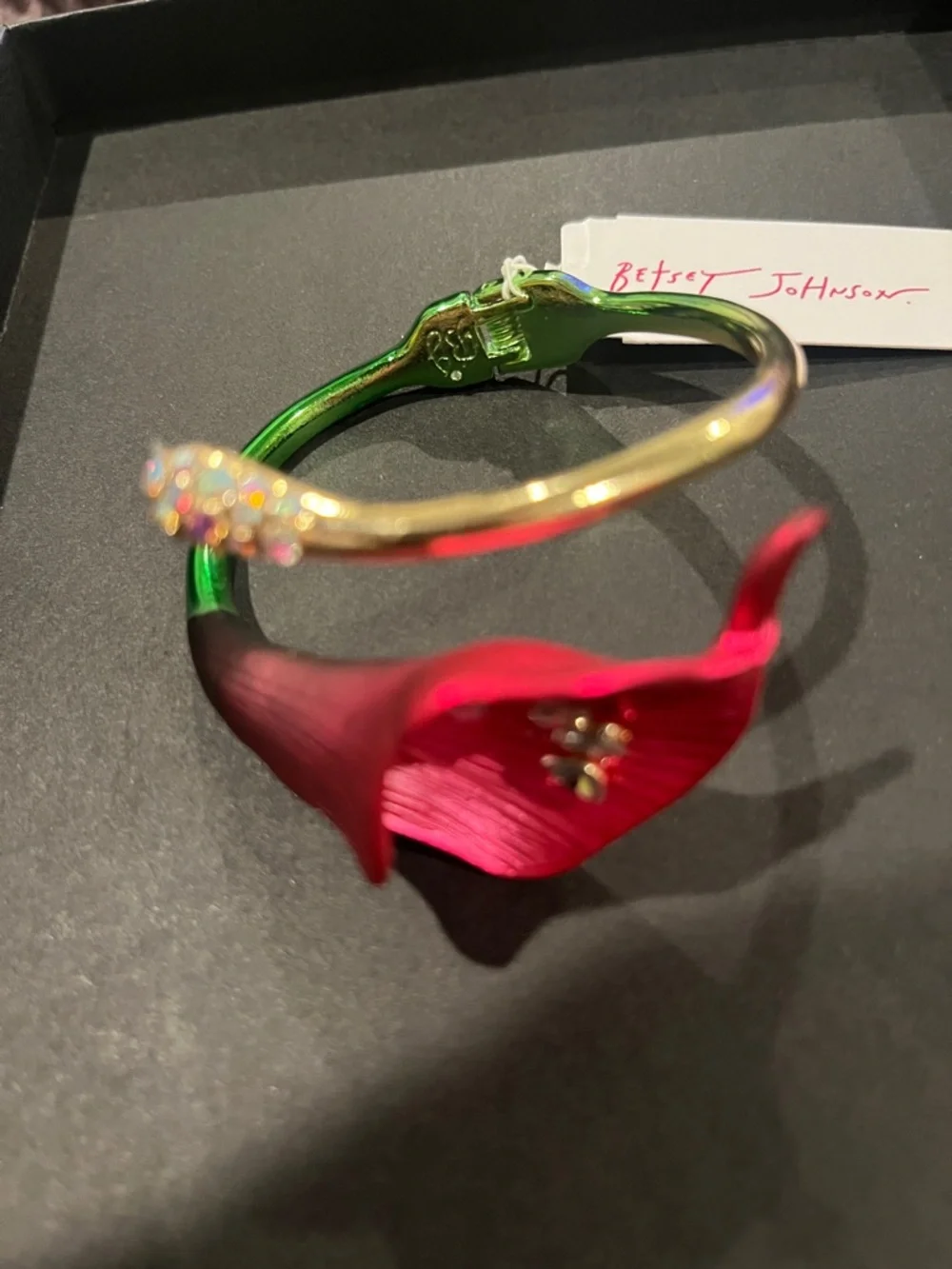Betsey Johnson Gold Tone Bracelet with Pink Calla Lily and Green Stem